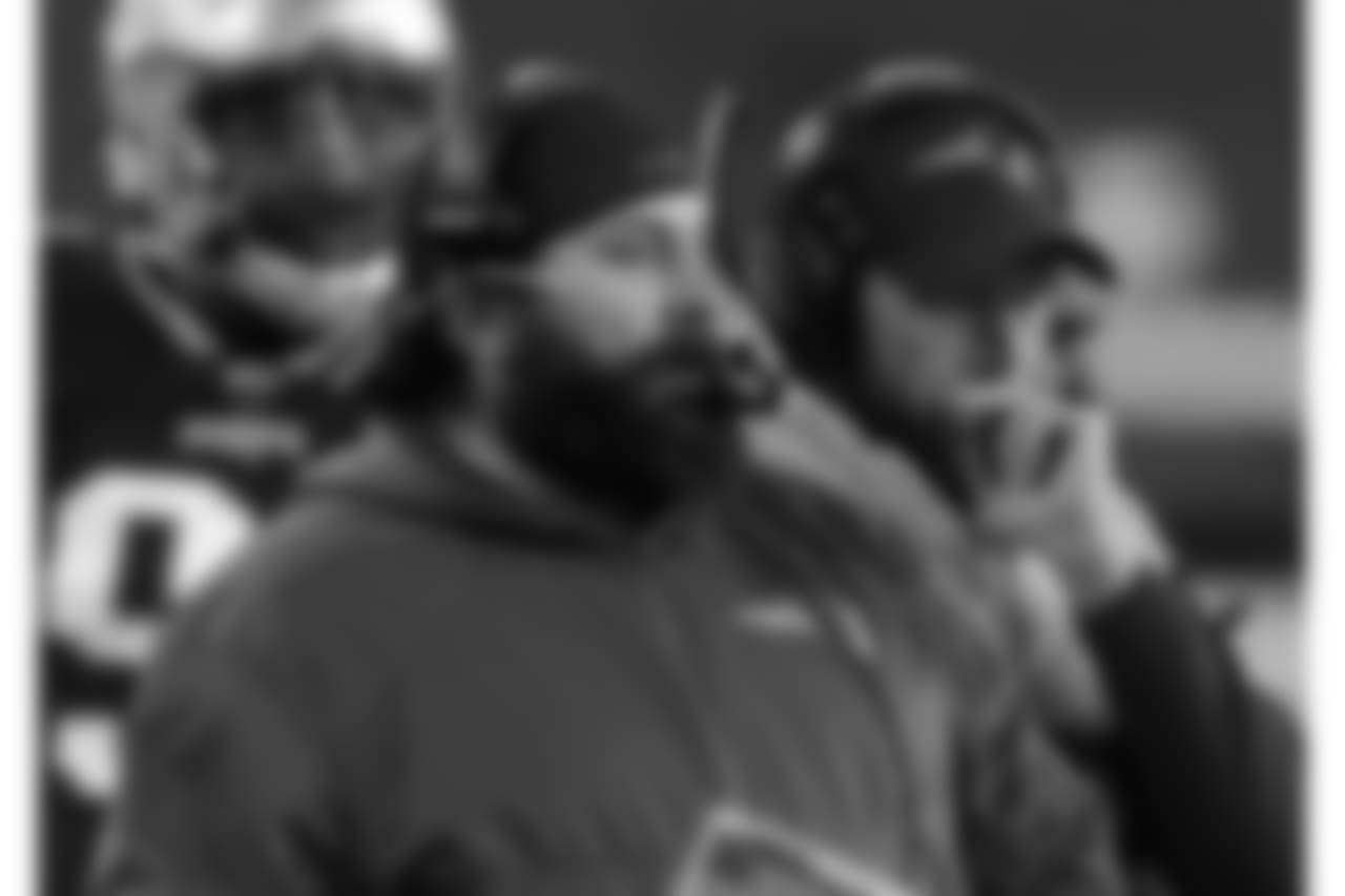 New England Patriots defensive coordinator Matt Patricia watches from the sideline during the second half of the AFC championship NFL football game against the Jacksonville Jaguars, Sunday, Jan. 21, 2018, in Foxborough, Mass. (AP Photo/Charles Krupa)