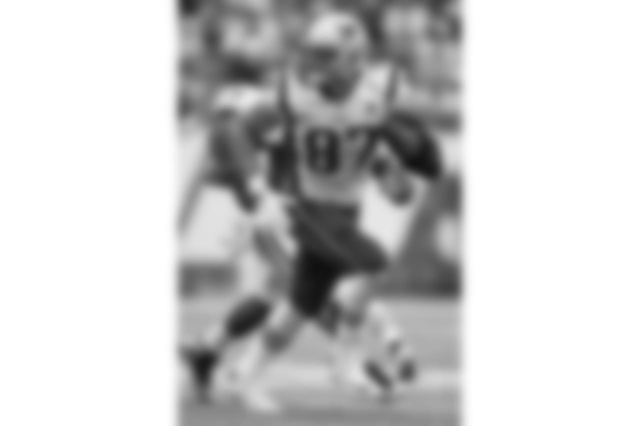 New England Patriots tight end Rob Gronkowski (87) runs a route during the NFL week 6 regular season football game against the New York Jets on Sunday, Oct. 15, 2017 in East Rutherford, New Jersey. The Patriots won the game 24-17. (Jim Mahoney via AP)