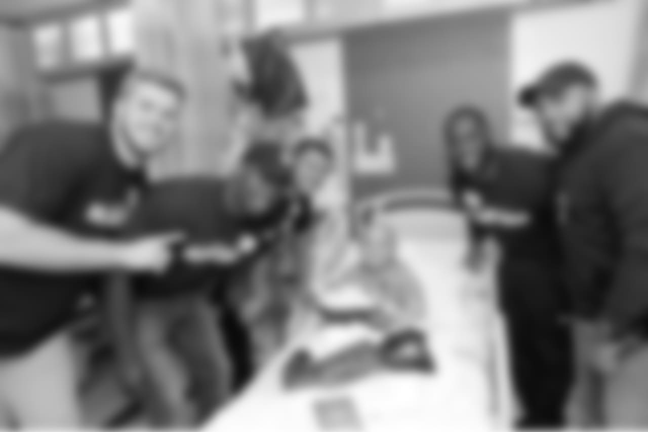 BOSTON, MA - JUNE 20: New England Patriot's rookies (L to R) Shane Wimann, A.J. Moore, Corey Bojorquez, and Ralph Webb visit Evan and Dad at Boston Children's Hospital June 20, 2018 in Boston, Massachusetts. (Photo by Darren McCollester/Getty Images for Boston Children's Hospital)