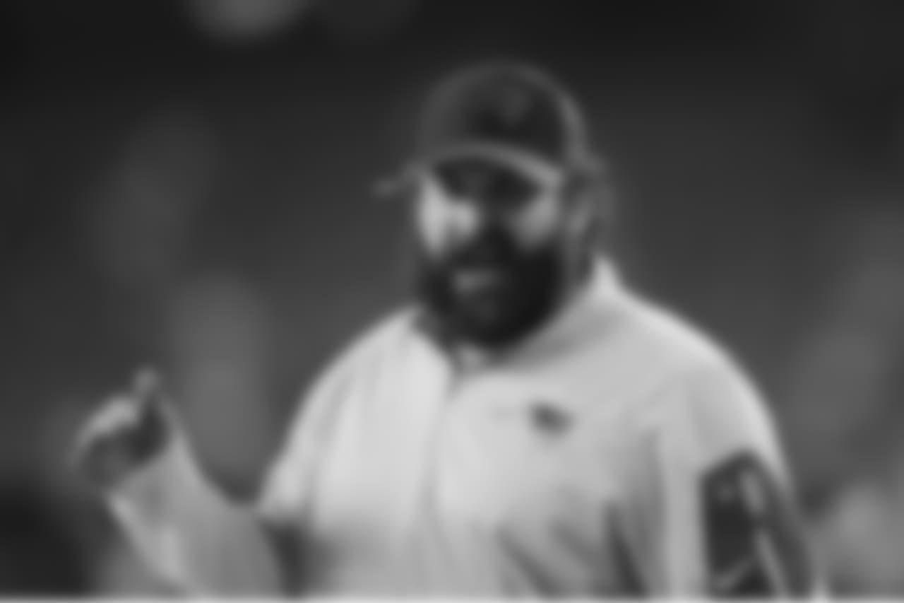 New England Patriots defensive coordinator Matt Patricia talks to players as they warm up before an NFL football game against the Atlanta Falcons, Sunday, Oct. 22, 2017, in Foxborough, Mass. (AP Photo/Charles Krupa)