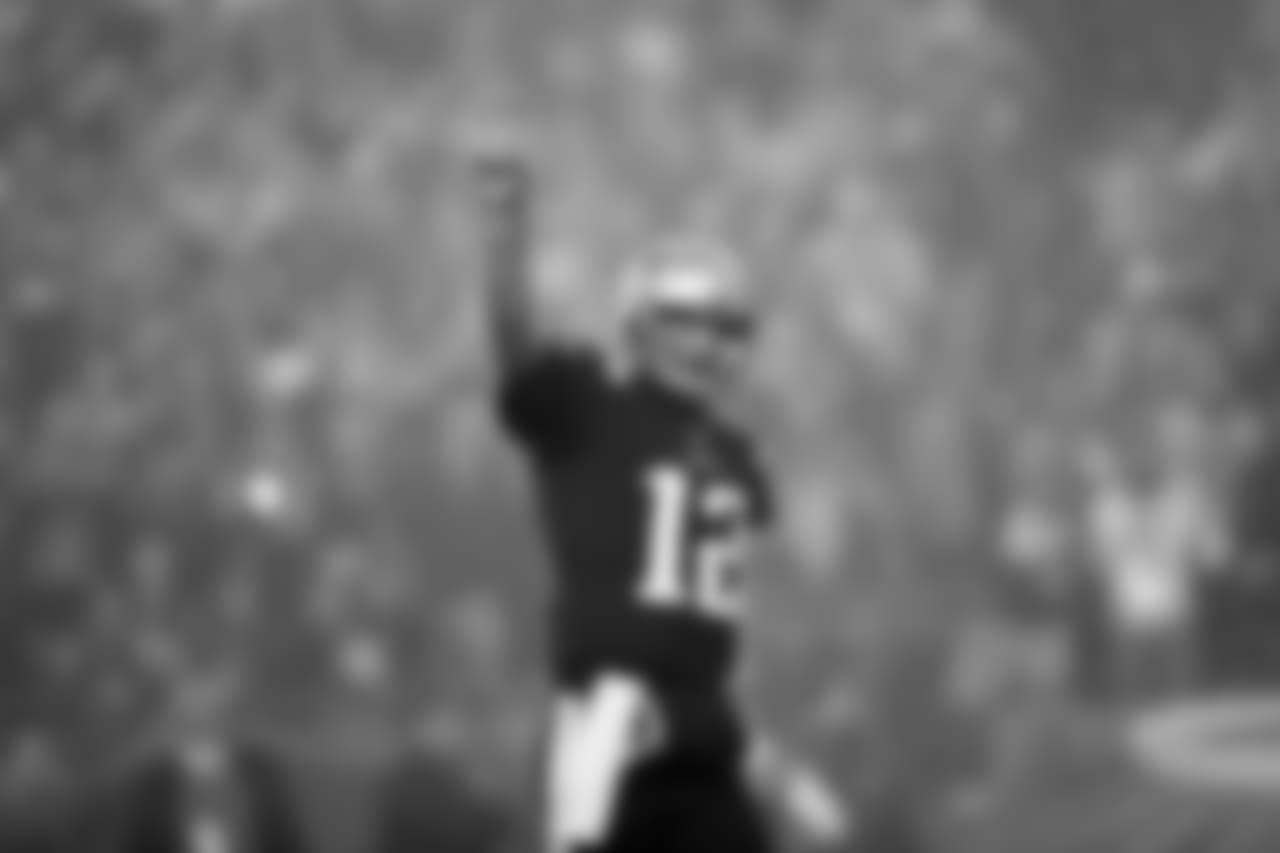 (Editors note: Image has been converted to Black and White) New England Patriots quarterback Tom Brady (12) celebrates during a week 7 NFL football game against the Atlanta Falcons on Sunday, Oct. 22, 2017, in Foxborough, Mass. New England won 23-7. (Aaron M. Sprecher via AP)