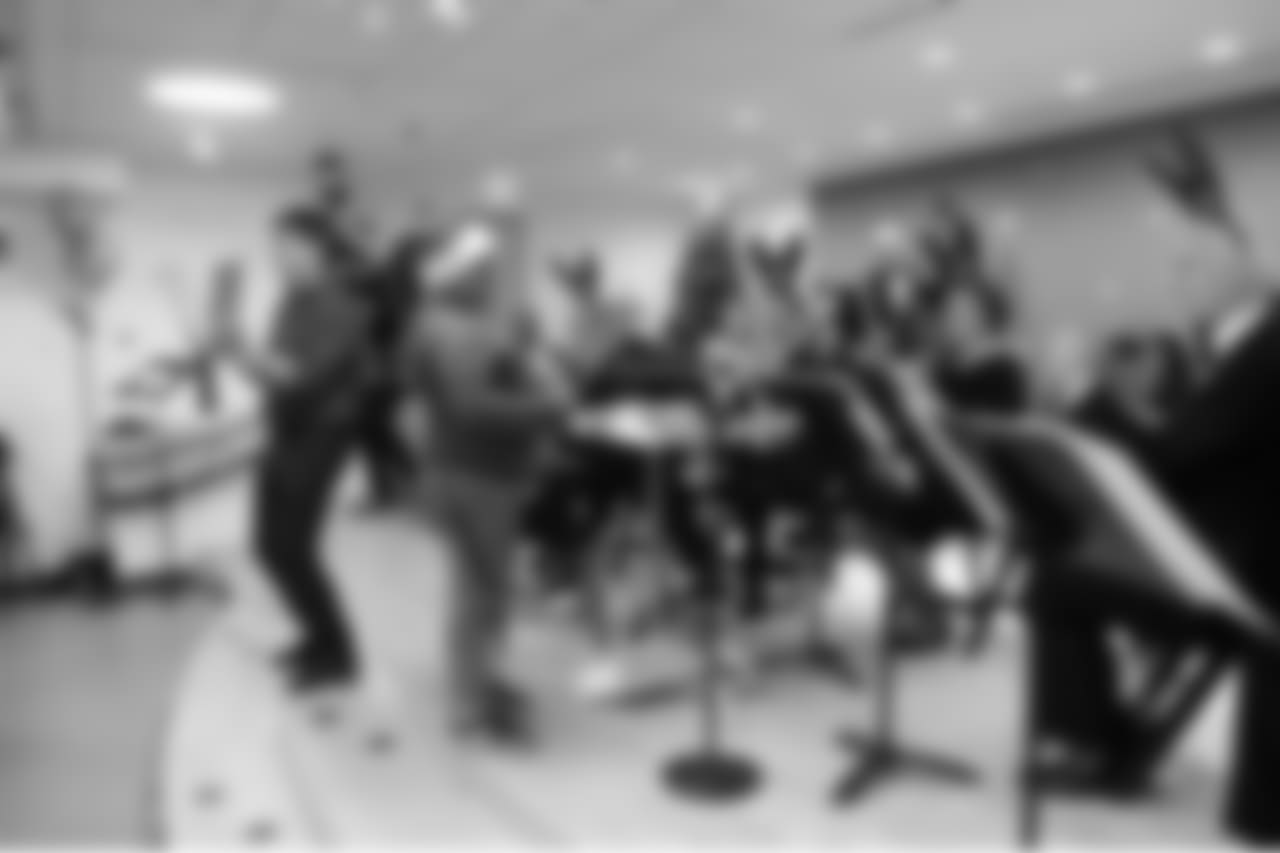 BOSTON, MA - DECEMBER 12: Boston Pops conductor Keith Lockhart and Jabbar conduct members of the Rhythm and Brass section of the Boston Pops at Boston Children's Hospital December 12, 2017 in Boston, Massachusetts. (Photo by Darren McCollester/Getty Images for Boston Children's Hospital)