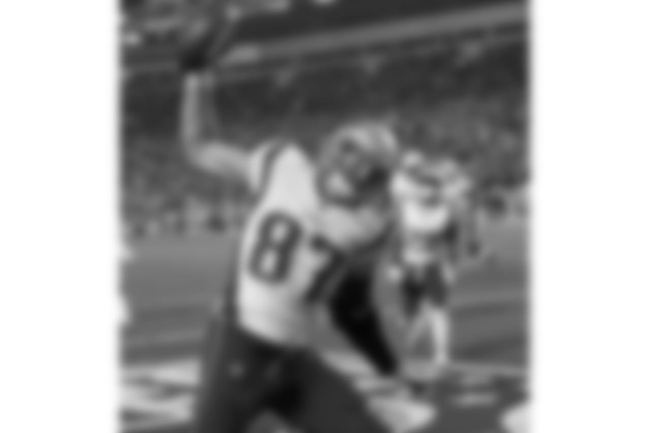 New England Patriots tight end Rob Gronkowski (87) celebrates a two-point conversion during the second half of an NFL football game in Pittsburgh, Sunday, Dec. 17, 2017. The Patriots won 27-24. (AP Photo/Keith Srakocic)