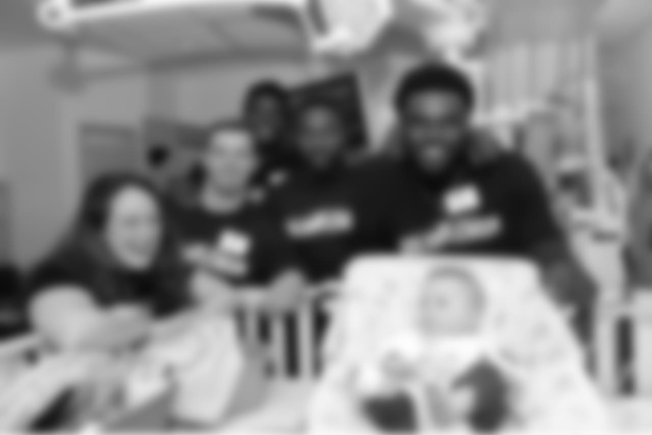 BOSTON, MA - JUNE 20: New England Patriot's rookies (L to R) Braxton Berrios, Duke Dawson, Christian Sam, Ja'Whaun Bentley visit Isaac and Mom at Boston Children's Hospital June 20, 2018 in Boston, Massachusetts. (Photo by Darren McCollester/Getty Images for Boston Children's Hospital)