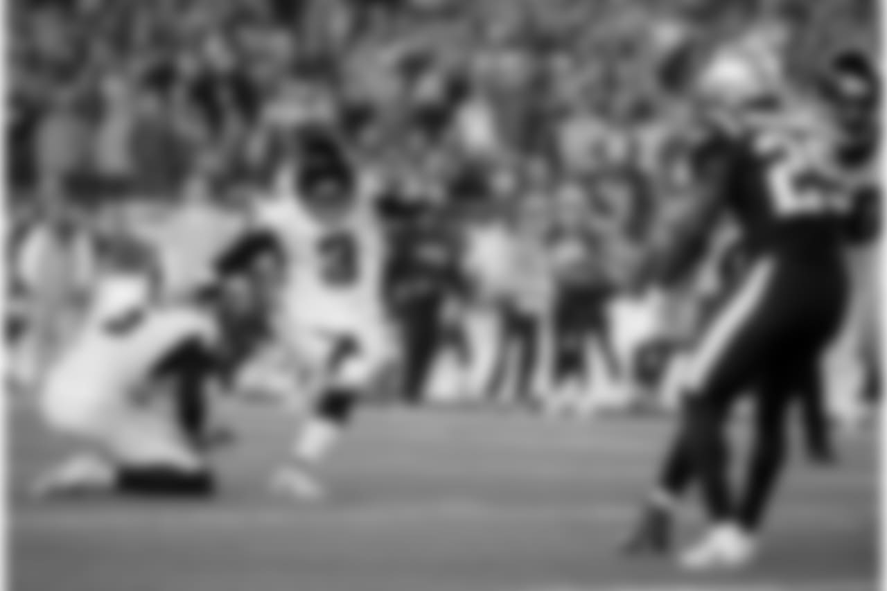 Atlanta Falcons kicker Matt Bryant (3) attempts a field goal, which was blocked, during the first half of an NFL football game against the New England Patriots, Sunday, Oct. 22, 2017, in Foxborough, Mass. (AP Photo/Steven Senne)