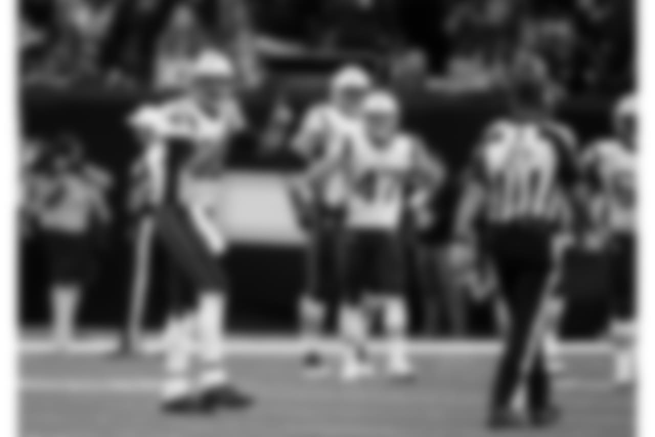 New England Patriots quarterback Tom Brady (12) calls out to an official on the field in the second half of an NFL football game against the New Orleans Saintsin New Orleans, Sunday, Sept. 17, 2017. (AP Photo/Butch Dill)
