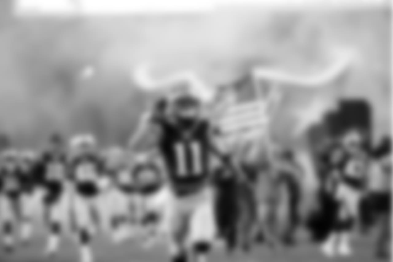 New England Patriots wide receiver Julian Edelman (11) reacts after running out for intros prior to a game against the Houston Texans, Saturday, Jan. 14, 2017 in Foxborough, Mass. The New England Patriots won 34-16. (Logan Bowles via AP Images)