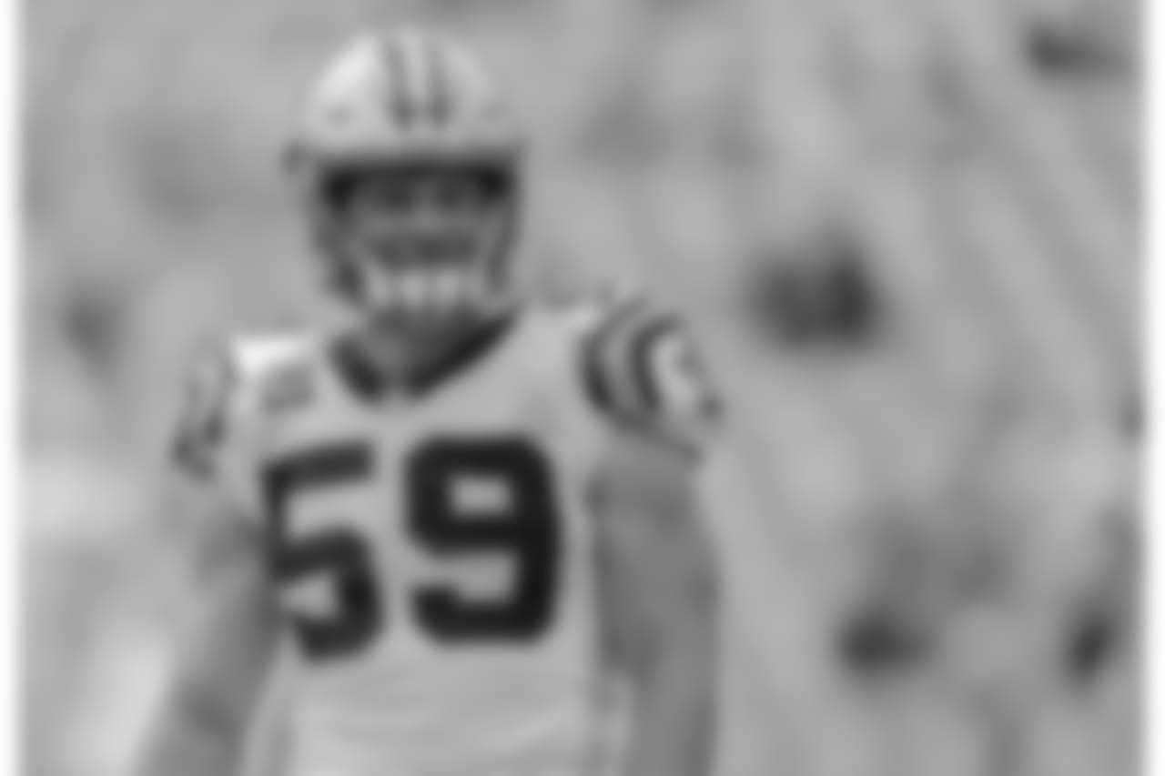 Carolina Panthers' Luke Kuechly (59) before an NFL football game against the New Orleans Saints in Charlotte, N.C., Sunday, Sept. 24, 2017. The Saints won 34-13. (AP Photo/Bob Leverone)