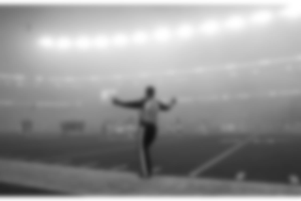Fog settles over the field as side judge Adrian Hill works along the sideline during the second half of an NFL football game between the New England Patriots and the Atlanta Falcons, Sunday, Oct. 22, 2017, in Foxborough, Mass. (AP Photo/Charles Krupa)