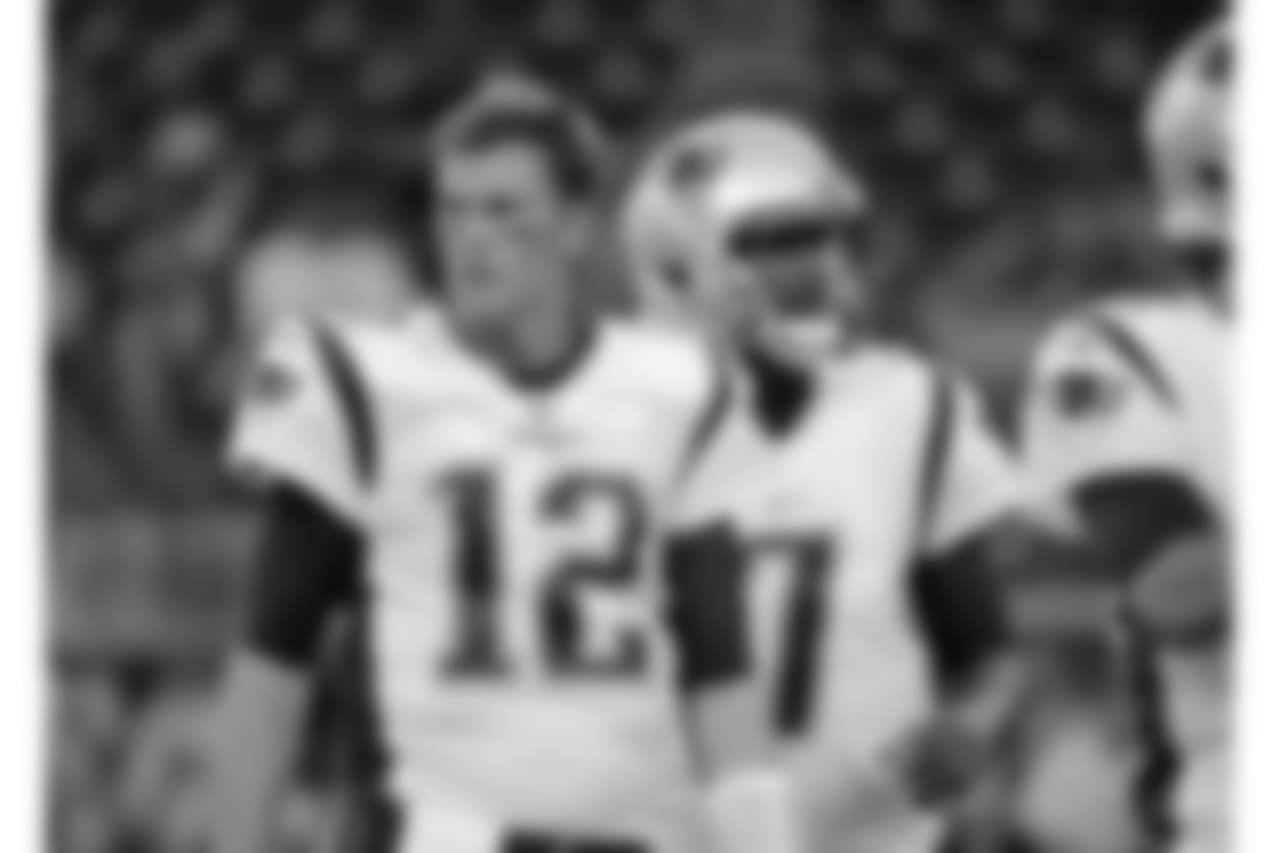 New England Patriots quarterback Tom Brady (12) and quarterback Jacoby Brissett (7) before an NFL football preseason game against the Houston Texans Saturday, Aug. 19, 2017, in Houston. (AP Photo/David J. Phillip)