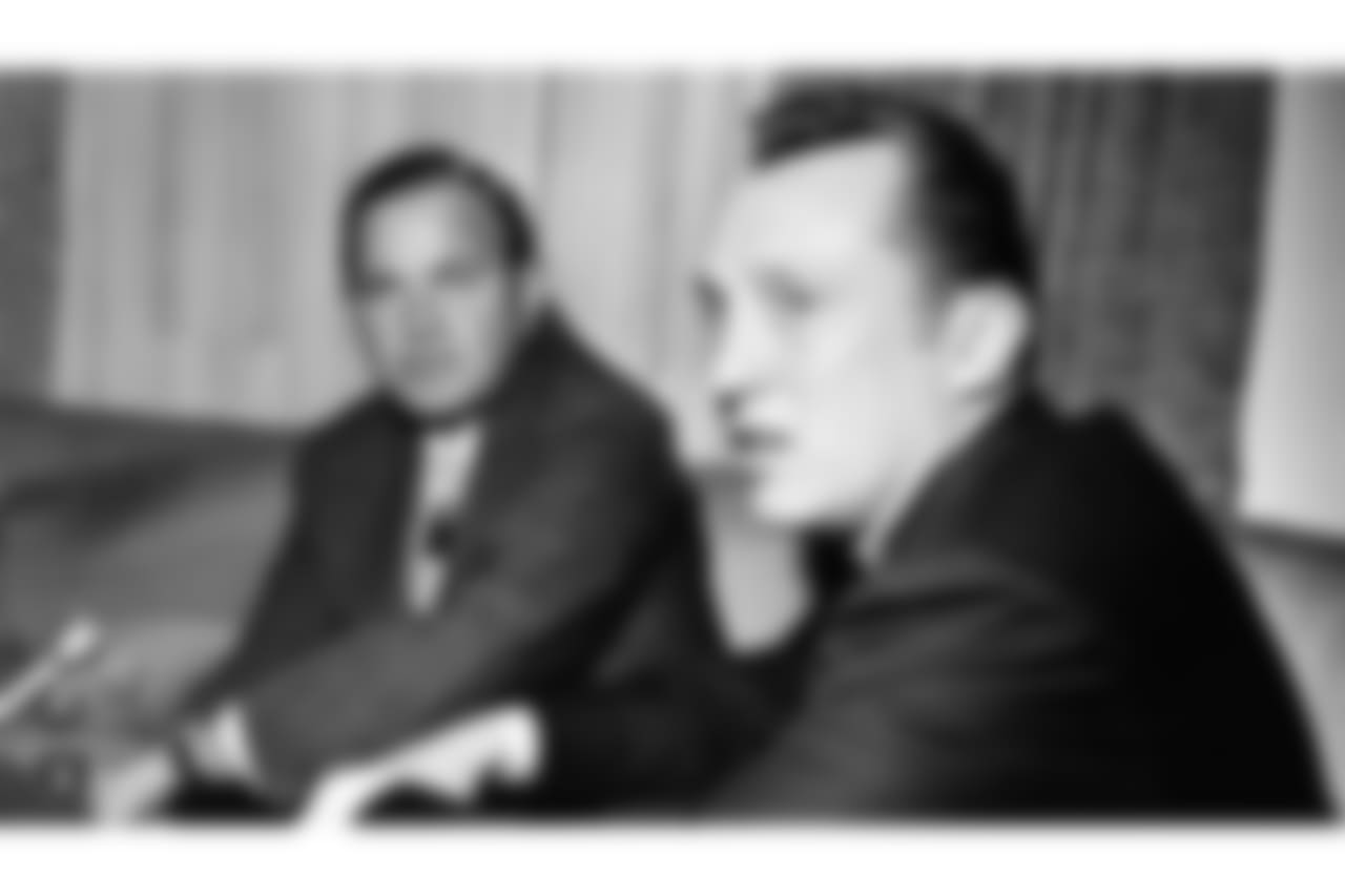 Al Davis, right, the head coach-general manager of the Oakland Raiders, was named, April 8, 1966 in Houston, as the new American Football League Commissioner to succeed Joe Foss, who resigns yesterday. The selection of Davis was made by Ralph Wilson, left, President of the AFL and owner of the Buffalo Bills. Davis, 36, recognized in professional football for his organizational ability and coaching skill, transformed the Raiders from perennial losers to one of the league?s most respected teams in three seasons. (AP Photo/Ed Kolenovsky)