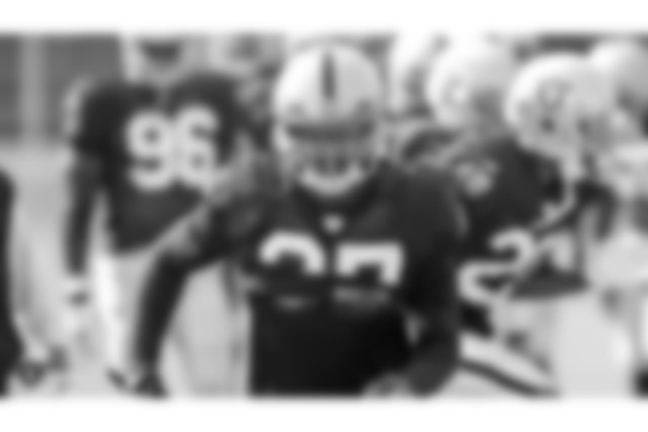 Oakland Raiders safety Reggie Nelson (27) on the field for practice at 2018 Training Camp at The Oakland Raiders Napa Valley Training Complex, Monday, August 6, 2018, in Napa, California.