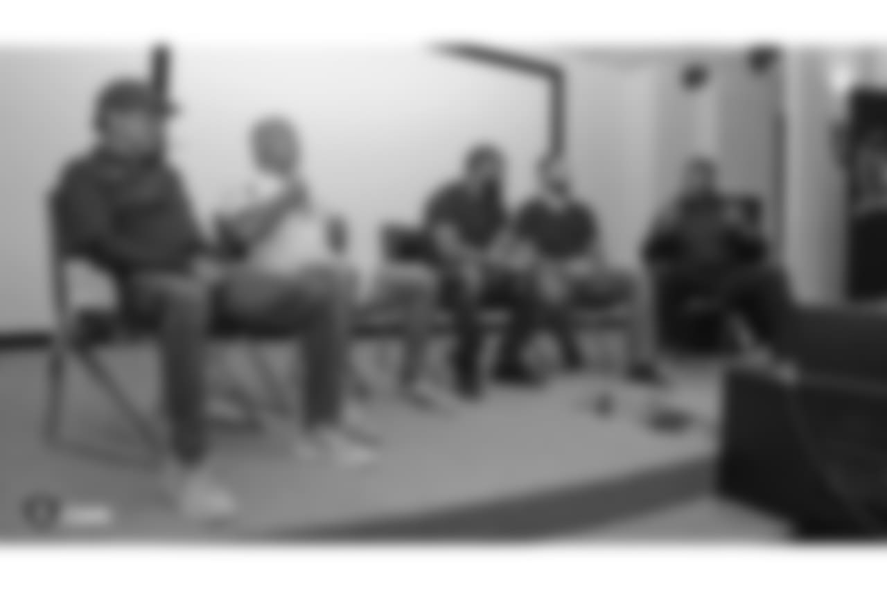Oakland Raiders rookies listen to speakers Lincoln Kennedy, Robert Gallery, Darren McFadden, Greg Townsend, and Cliff Branch, Oakland Raiders alumni, as part of Rookie Academy, at the Oakland Raiders Practice Facility, Monday, June 18, 2018, in Alameda, California.