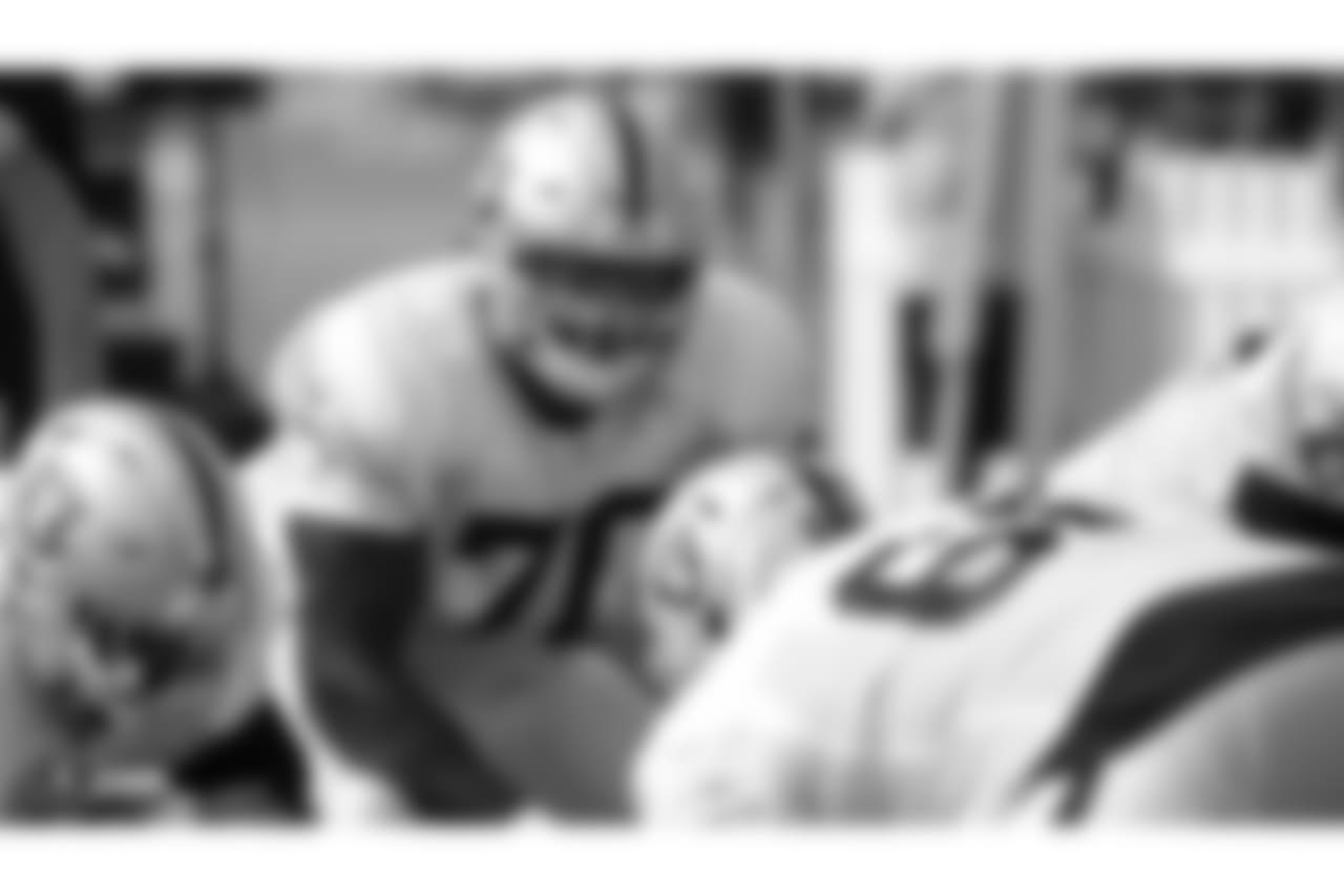 Oakland Raiders offensive guard Kelechi Osemele (70) on the field for practice at 2018 Training Camp at The Oakland Raiders Napa Valley Training Complex, Thursday, August 2, 2018, in Napa, California.
