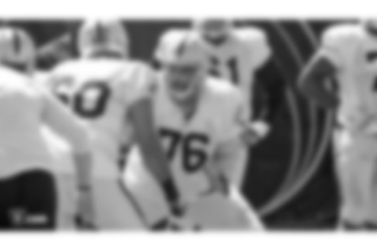 Oakland Raiders offensive guard Jon Feliciano (76) on the field for practice at 2018 Training Camp at The Oakland Raiders Napa Valley Training Complex, Monday, July 30, 2018, in Napa, California.