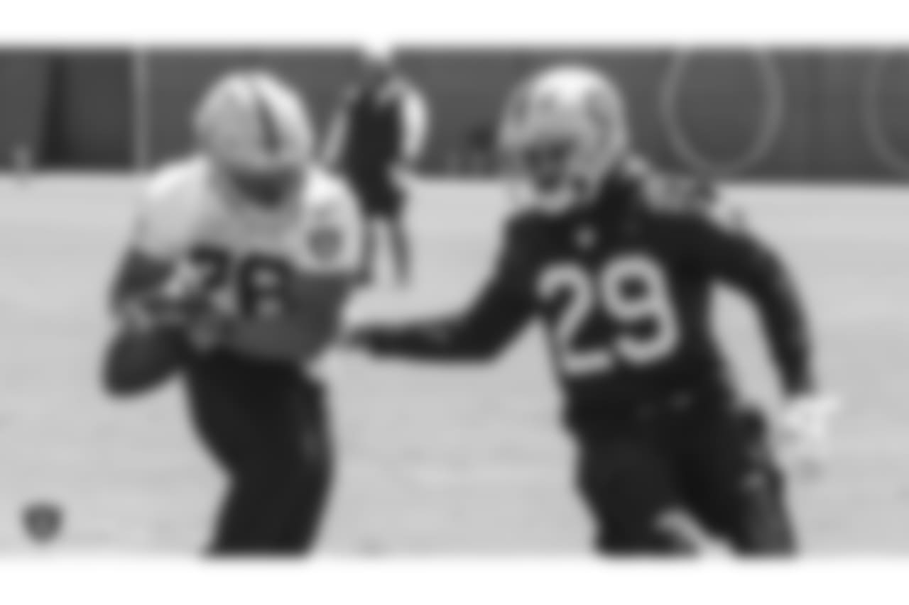 Oakland Raiders running back Doug Martin (28) and cornerback Leon Hall (29) at an Organized Team Activity (OTA) at the Oakland Raiders Practice Facility, Tuesday, June 5, 2018, in Alameda, California.