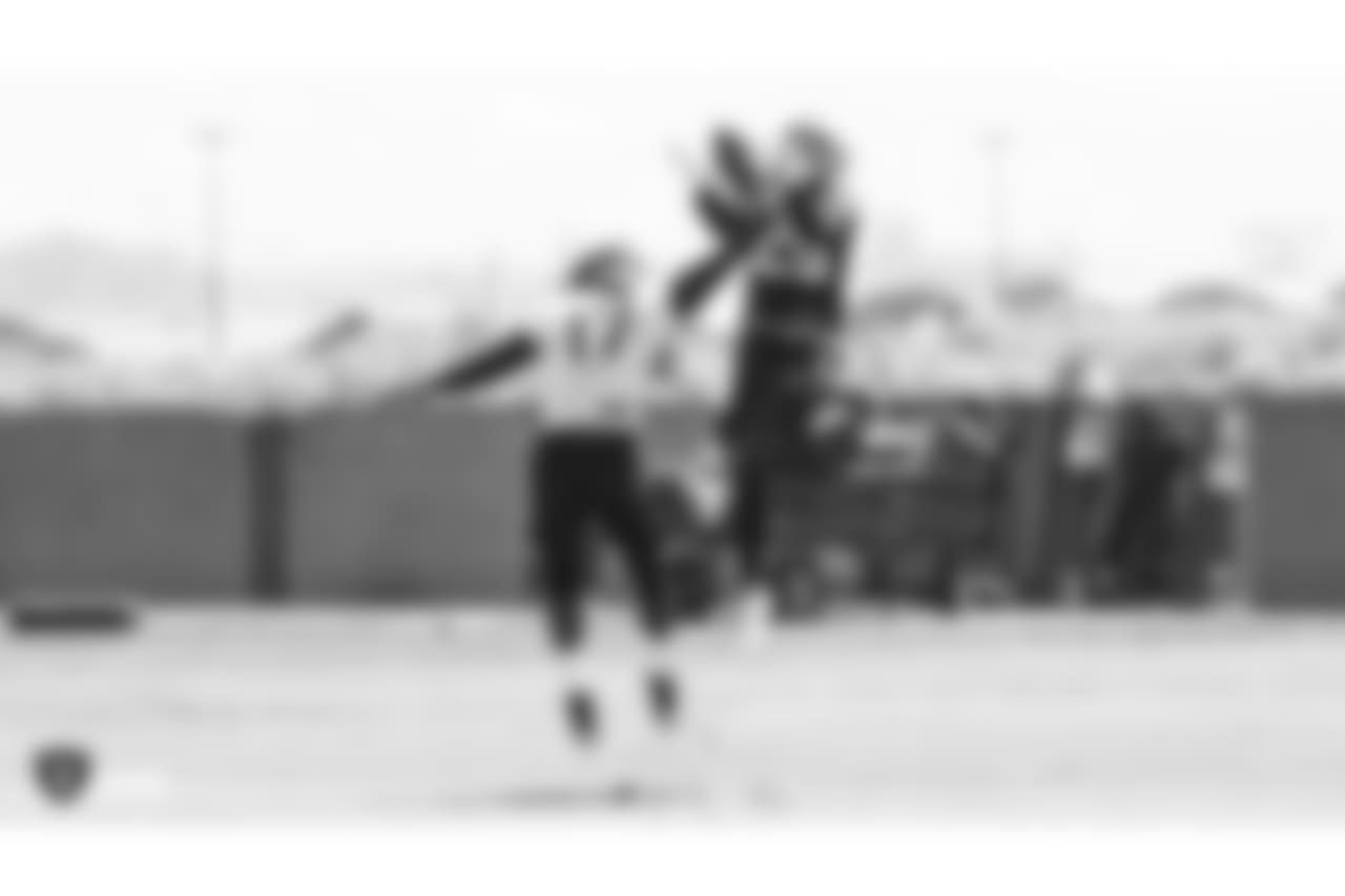 Oakland Raiders wide receiver and return specialist Dwayne Harris (17) and safety Erik Harris (25) at an Organized Team Activity (OTA) at the Oakland Raiders Practice Facility, Tuesday, May 29, 2018, in Alameda, California.
