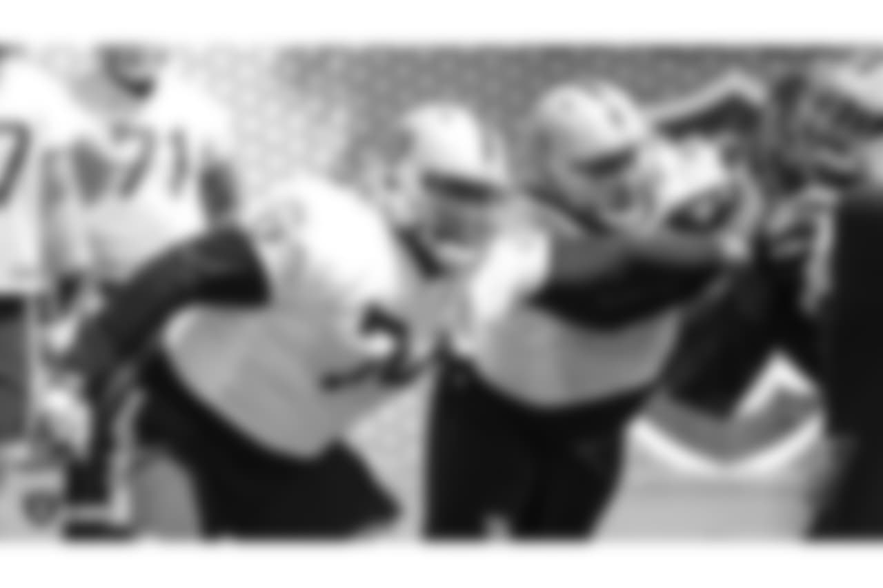 Oakland Raiders offensive tackle Vadal Alexander (74) and offensive tackle Donald Penn (72) at an Organized Team Activity (OTA) at the Oakland Raiders Practice Facility, Tuesday, June 5, 2018, in Alameda, California.