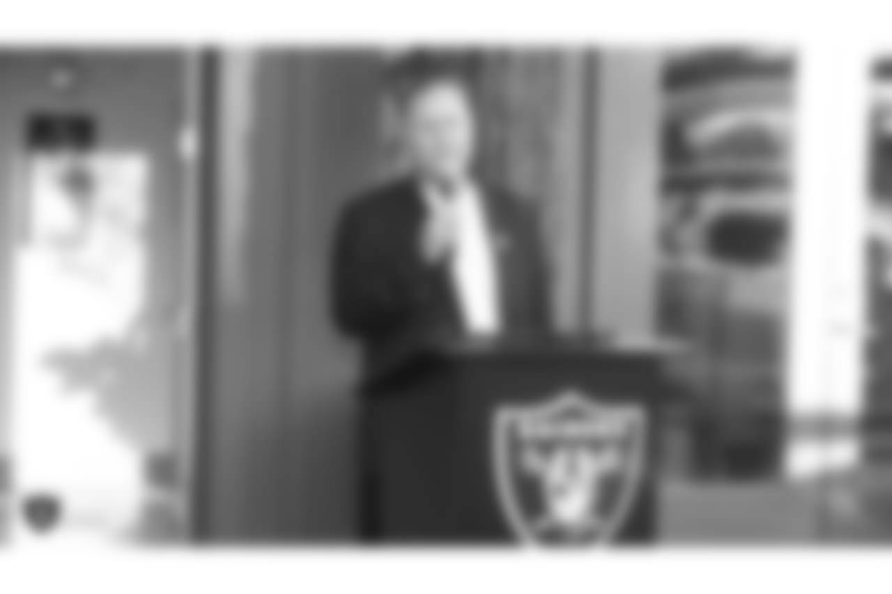 Oakland Raiders radio host JT the Brick speaks at an Alumni Dinner during 2018 Training Camp at Kelham Vineyards, Saturday, July 28, 2018, in Saint Helena, California.