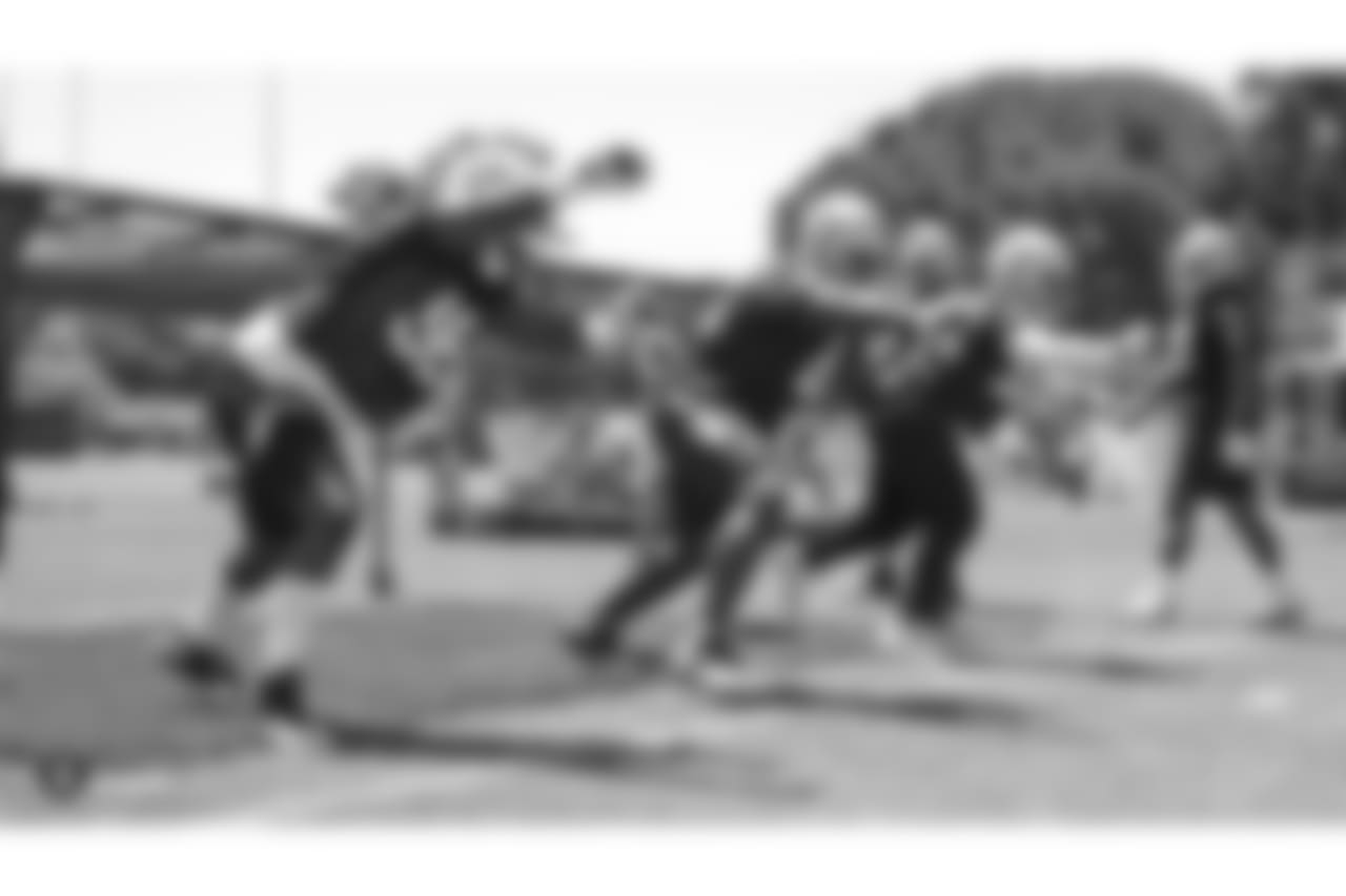Oakland Raiders defensive tackle Frostee Rucker (98), defensive lineman Shakir Soto (64), and defensive tackle PJ Hall (92) at a Mandatory Minicamp at the Oakland Raiders Practice Facility, Wednesday, June 13, 2018, in Alameda, California.