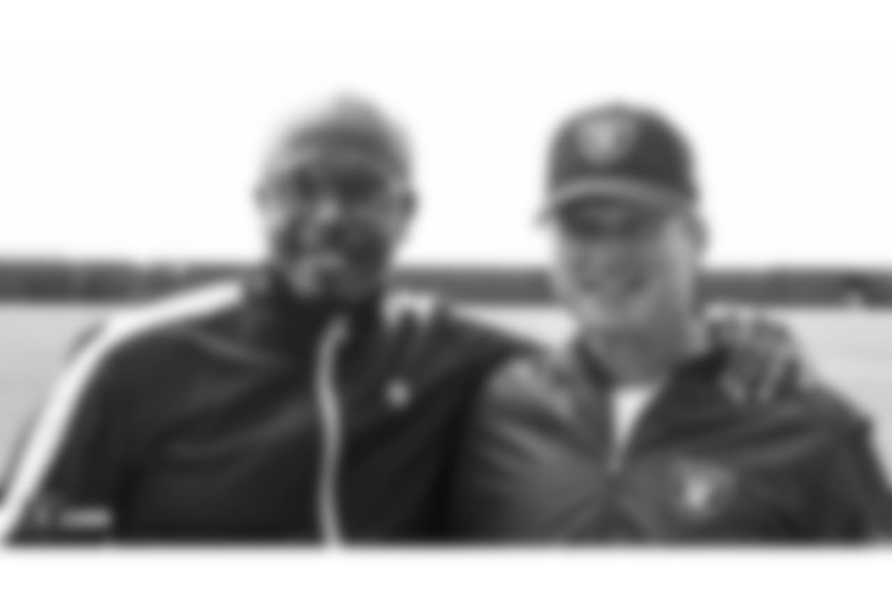 Hip-hop artist MC Hammer visits Oakland Raiders players at an Organized Team Activity (OTA) at the Oakland Raiders Practice Facility, Wednesday, June 6, 2018, in Alameda, California.