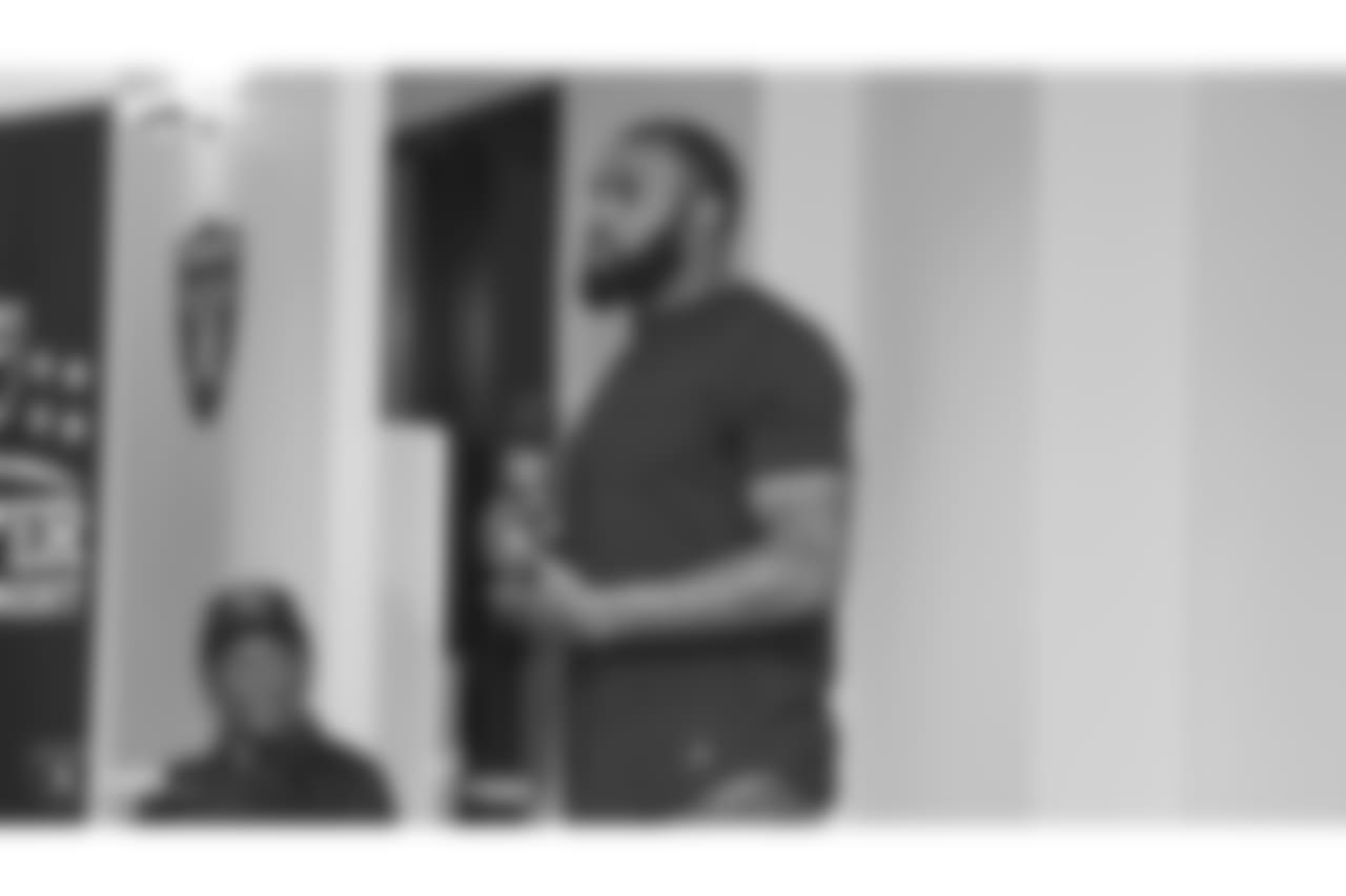 Oakland Raiders rookies listen to speakers Lincoln Kennedy, Robert Gallery, Darren McFadden, Greg Townsend, and Cliff Branch, Oakland Raiders alumni, as part of Rookie Academy, at the Oakland Raiders Practice Facility, Monday, June 18, 2018, in Alameda, California.