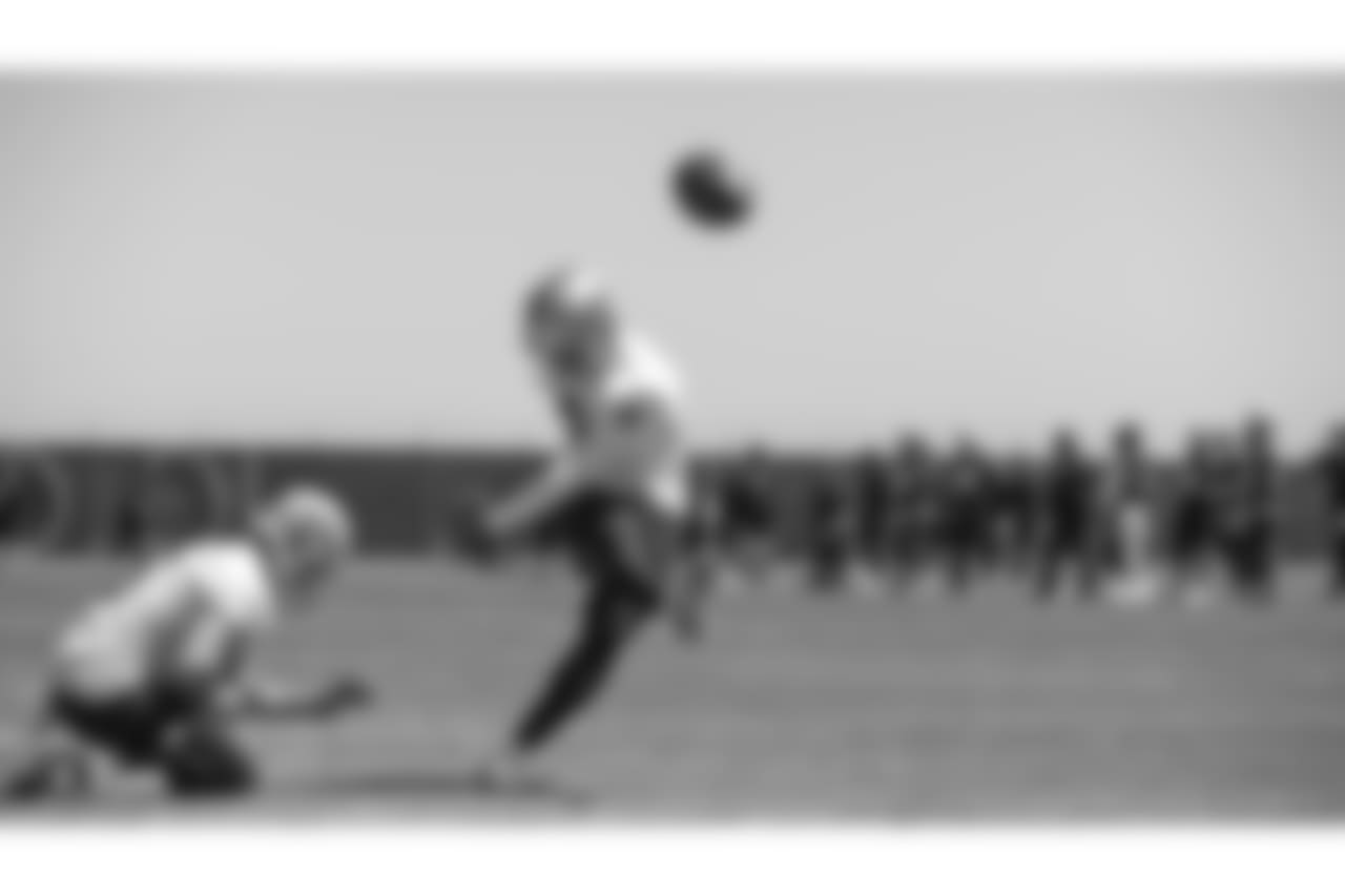 Oakland Raiders punter Johnny Townsend (5) and kicker Eddy Pi–eiro (9) at a Mandatory Mini Camp at the Oakland Raiders Practice Facility, Tuesday, June 12, 2018, in Alameda, California.