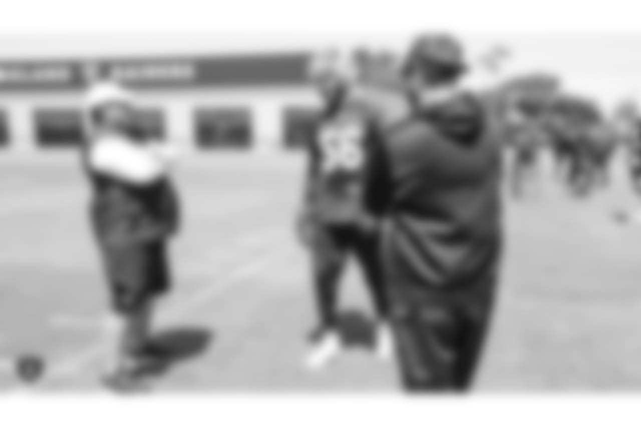Oakland Raiders defensive coordinator Paul Guenther linebacker Derrick Johnson (56), and linebackers coach David Lippincott at an Organized Team Activity (OTA) at the Oakland Raiders Practice Facility, Thursday, May 31, 2018, in Alameda, California.