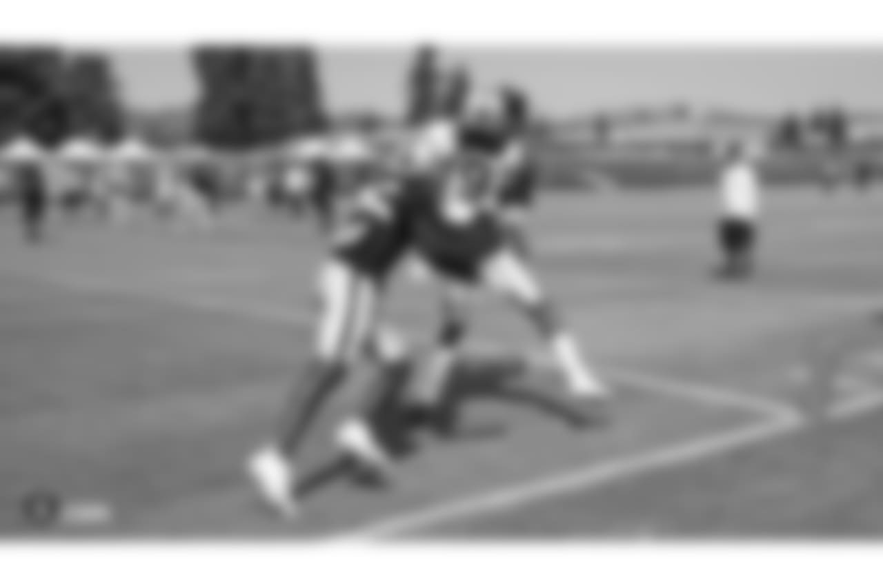 Oakland Raiders cornerback Shareece Wright (35) and wide receiver Isaac Whitney (19) on the field for practice at 2018 Training Camp at The Oakland Raiders Napa Valley Training Complex, Thursday, August 2, 2018, in Napa, California.