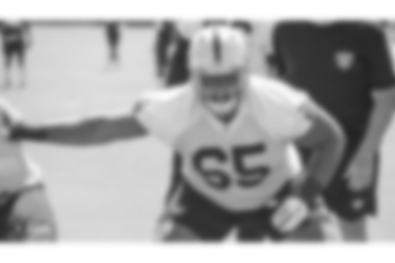 Oakland Raiders offensive guard Jordan Simmons (65) at an Organized Team Activity (OTA) at the Oakland Raiders Practice Facility, Thursday, May 31, 2018, in Alameda, California.