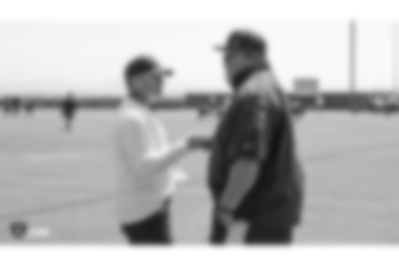 Oakland Raiders head coach Jon Gruden and general manager Reggie McKenzie at an Organized Team Activity (OTA) at the Oakland Raiders Practice Facility, Tuesday, May 29, 2018, in Alameda, California.