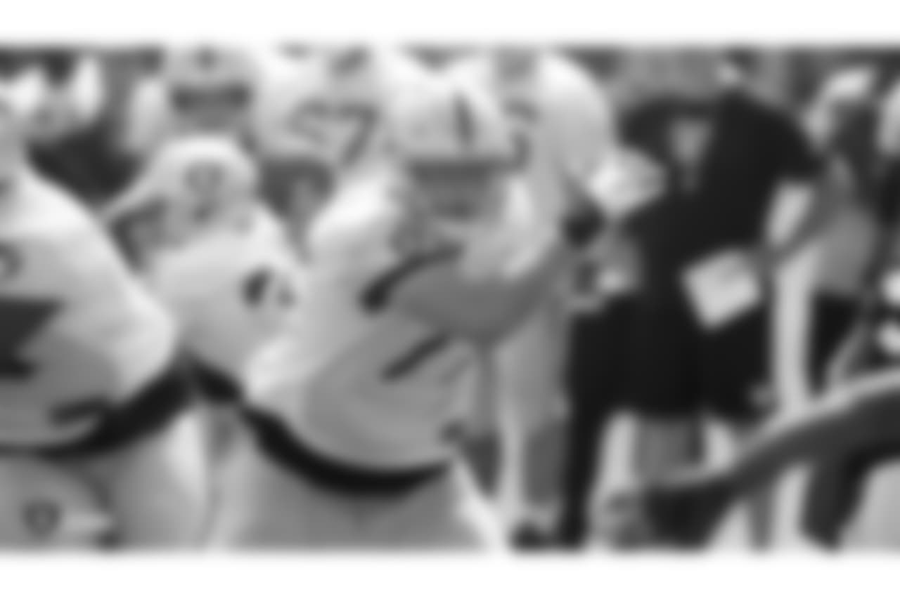 Oakland Raiders offensive tackle Kolton Miller (77) on the field for practice at 2018 Training Camp at The Oakland Raiders Napa Valley Training Complex, Monday, August 6, 2018, in Napa, California.
