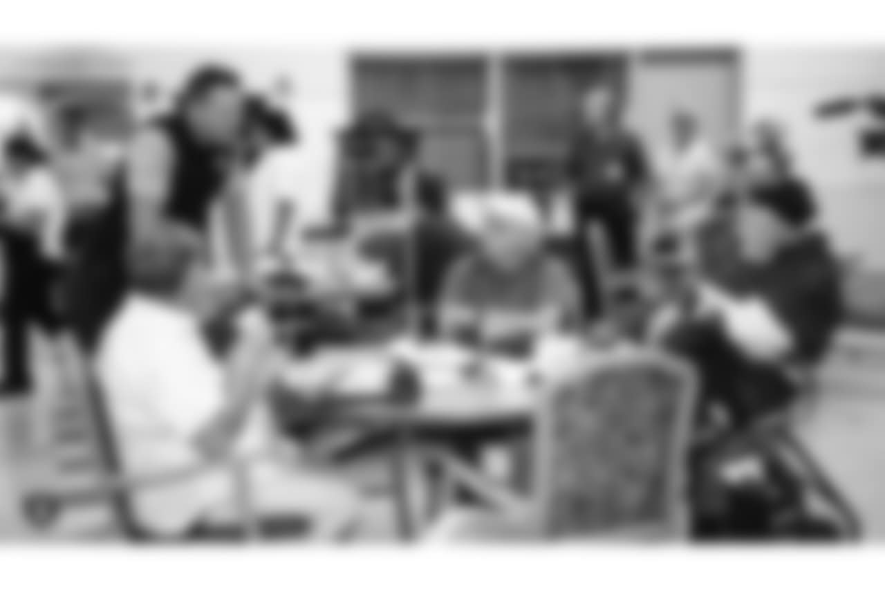 Oakland Raiders alumnus Bob Rosentiel visits veterans and thanks them for their service during the Raiders 2018 Training Camp at Veterans Home of California, Yountville, Tuesday, August 7, 2018, in Yountville, California.