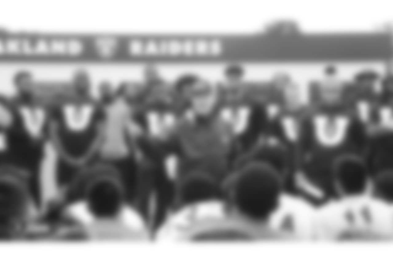 Students from local Bay Area high schools participate in Raiders U, a 7 on 7 football tournament with 8 teams that is coached entirely by Raiders players, at the Oakland Raiders Practice Facility, Thursday, June 7, 2018, in Alameda, California.