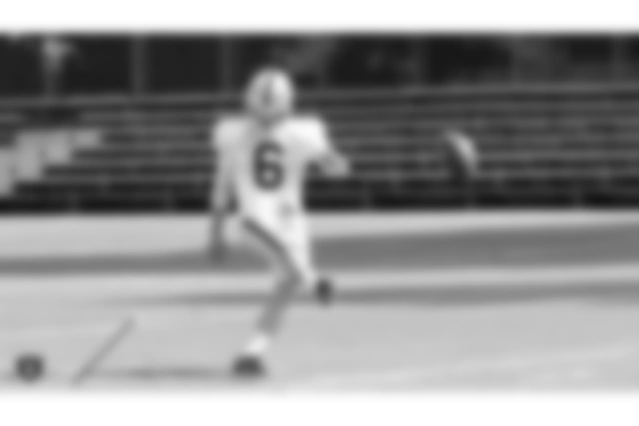 Oakland Raiders kicker Mike Nugent (6) on the field for practice at 2018 Training Camp at The Oakland Raiders Napa Valley Training Complex, Monday, August 6, 2018, in Napa, California.