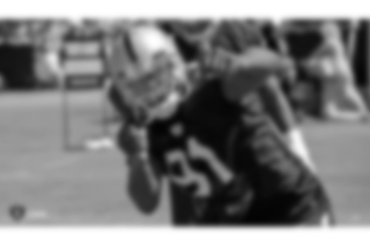 Oakland Raiders linebacker Shilique Calhoun (91) on the field for practice at 2018 Training Camp at The Oakland Raiders Napa Valley Training Complex, Saturday, August 4, 2018, in Napa, California.