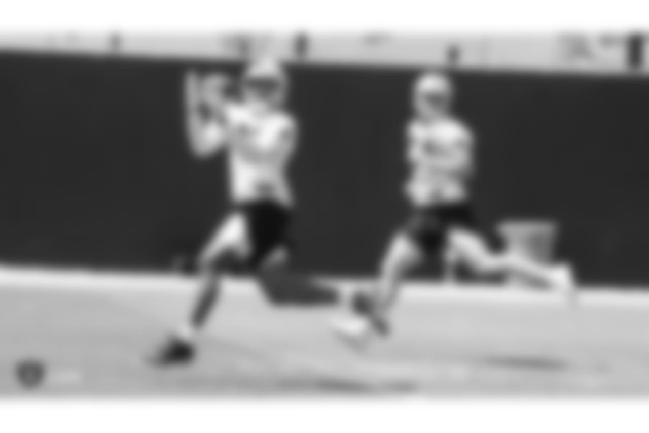 Oakland Raiders tight end Pharaoh Brown (81) and tight end Paul Butler (84) at an Organized Team Activity (OTA) at the Oakland Raiders Practice Facility, Tuesday, June 5, 2018, in Alameda, California.