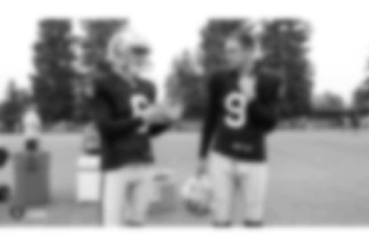 Oakland Raiders kicker Mike Nugent (6) and kicker Eddy Piñeiro (9) on the field for a joint practice with the Detroit Lions at 2018 Training Camp at The Oakland Raiders Napa Valley Training Complex, Wednesday, August 8, 2018, in Napa, California.
