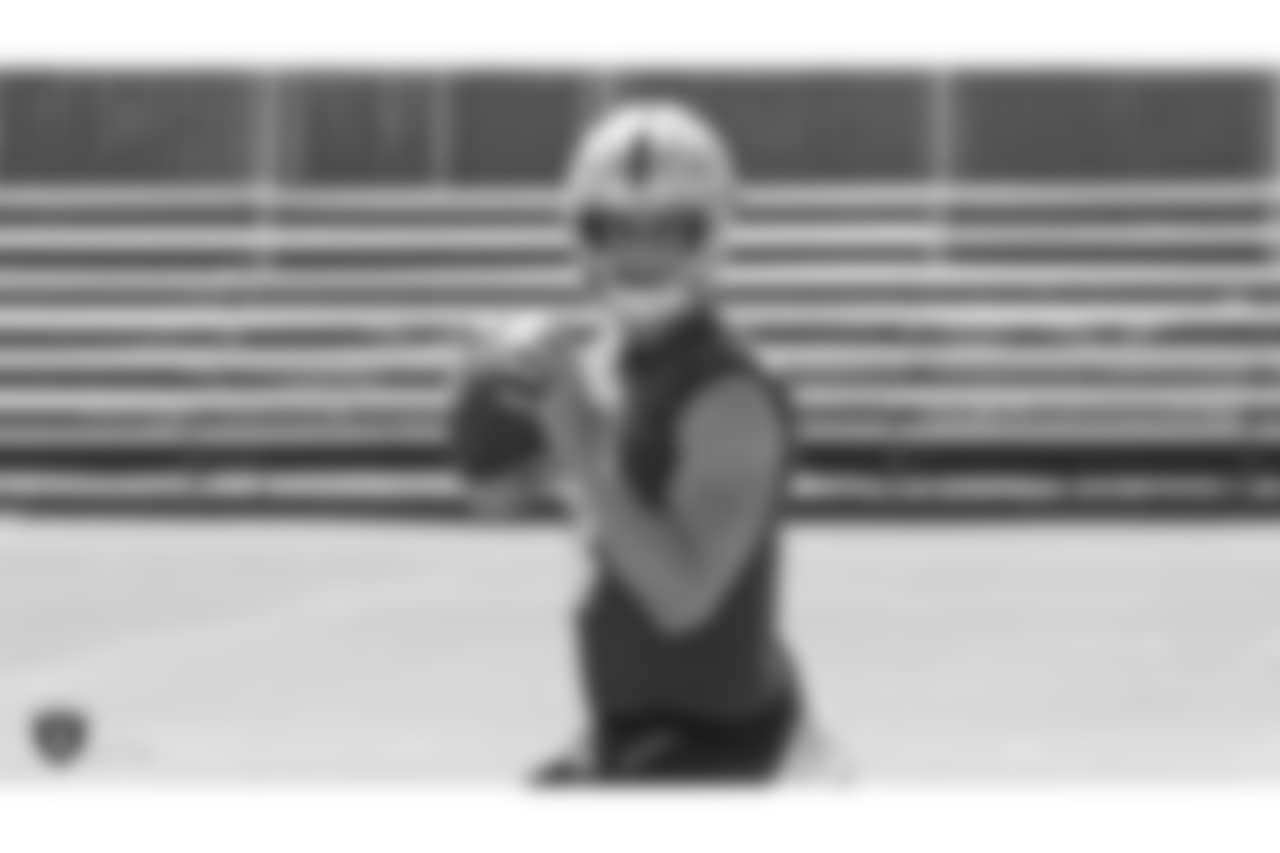 Oakland Raiders quarterback Derek Carr (4) on the field for practice at 2018 Training Camp at The Oakland Raiders Napa Valley Training Complex, Saturday, August 4, 2018, in Napa, California.