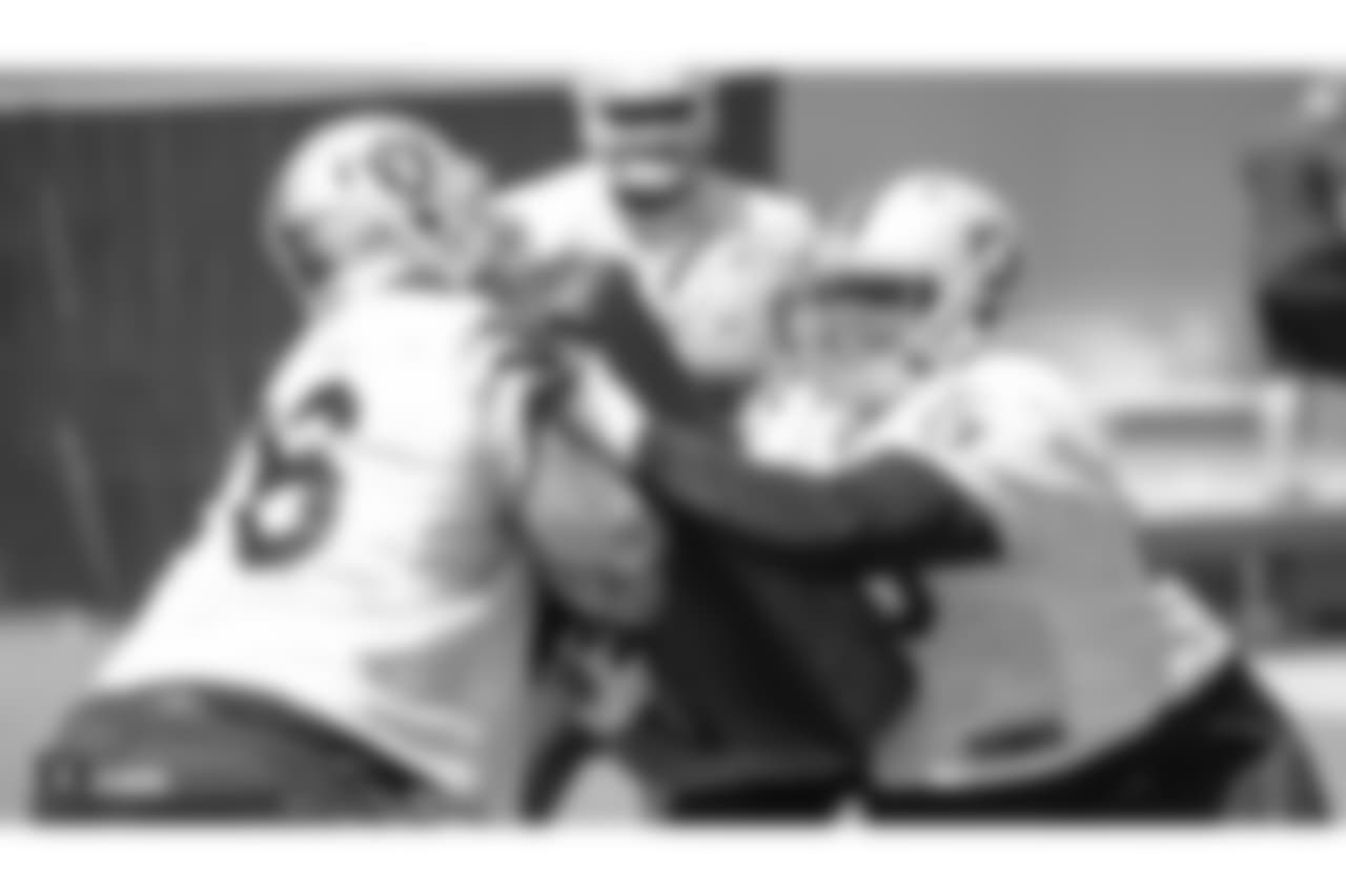 Oakland Raiders offensive guard Jon Feliciano (76) and offensive guard Gabe Jackson (66) at an Organized Team Activity (OTA) at the Oakland Raiders Practice Facility, Tuesday, June 5, 2018, in Alameda, California.