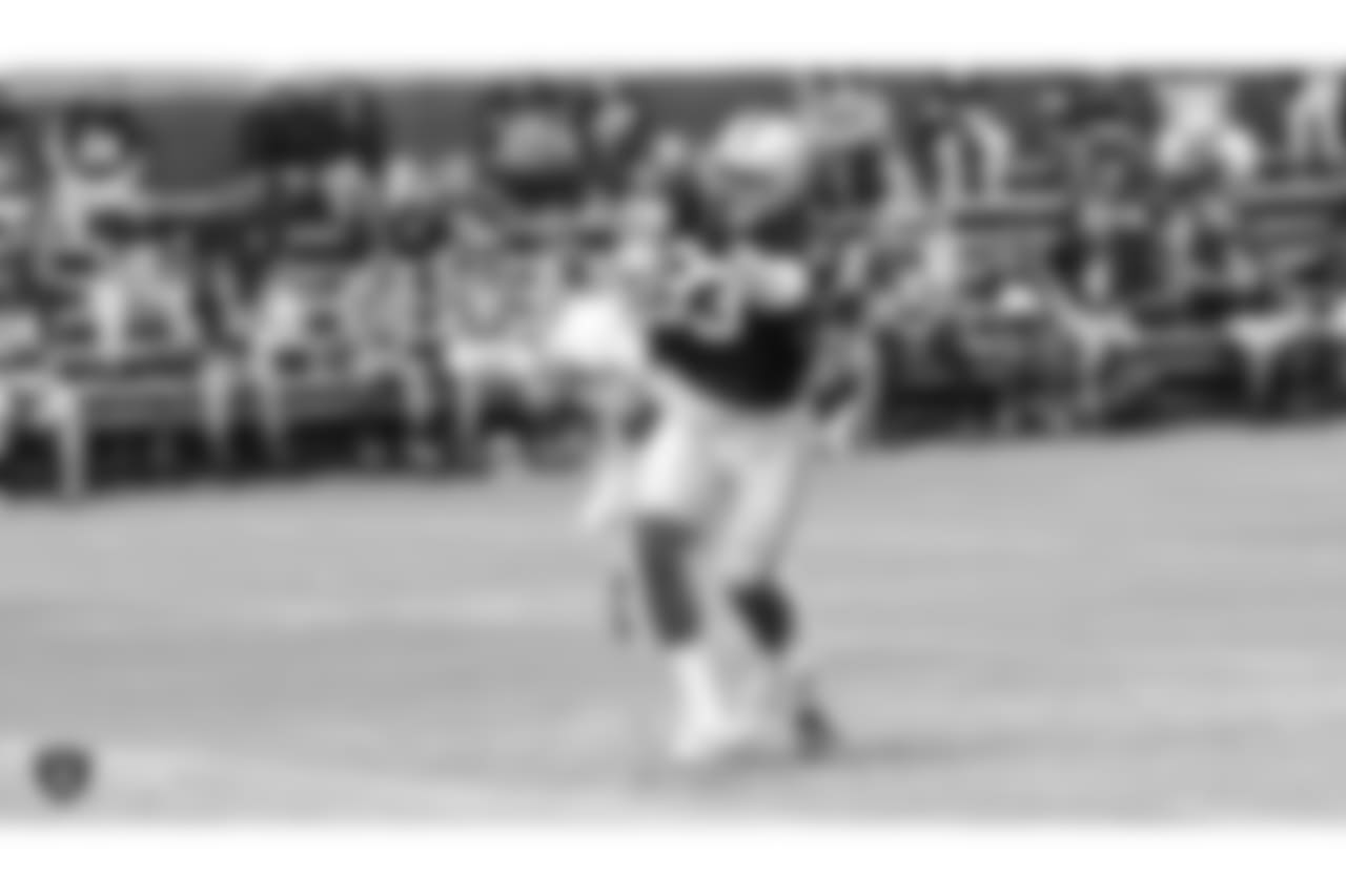 Oakland Raiders tight end Marcus Baugh (83) with a Detroit Lions player behind him on the field for practice at 2018 Training Camp at The Oakland Raiders Napa Valley Training Complex, Wednesday, August 8, 2018, in Napa, California.