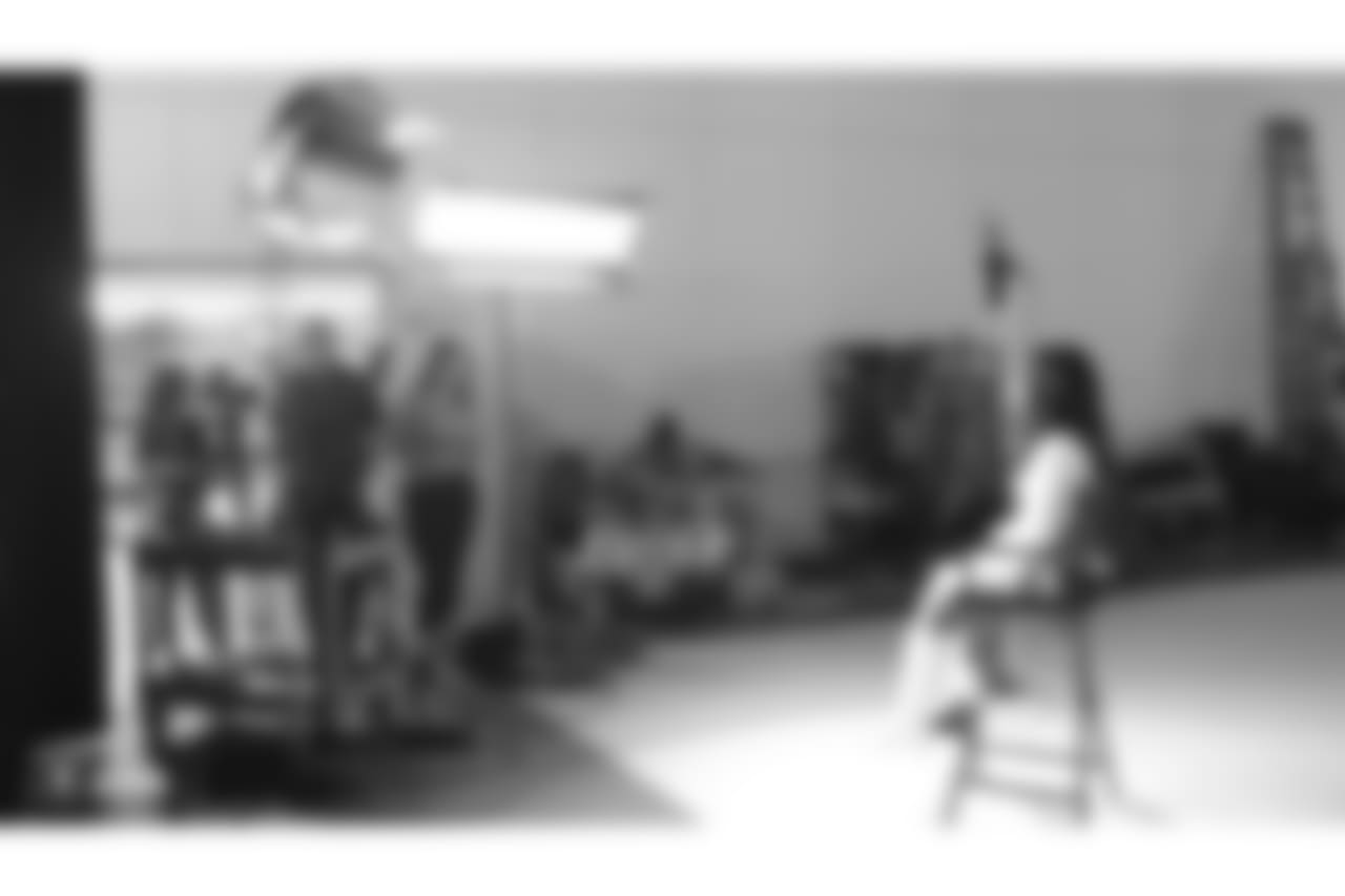 Silver and Black Productions interviews Raiderette Vanecia on their media day at Goal Line Productions, Sunday, July 1, 2018, in Pleasanton, California.