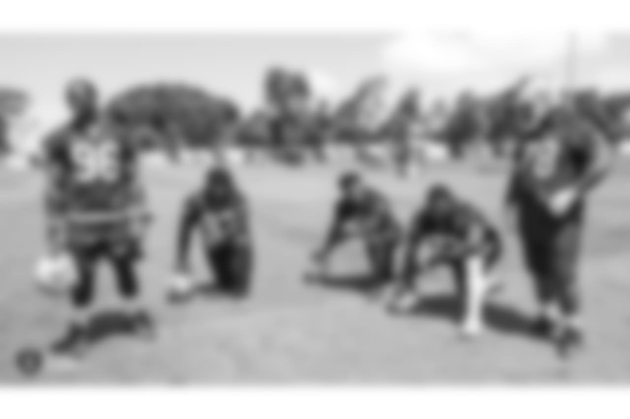Oakland Raiders defensive lineman Tank Carradine (96), defensive end Mario Edwards (97), outside linebacker Bruce Irvin (51), defensive tackle Maurice Hurst (73), and defensive tackle Justin Ellis (78) at an Organized Team Activity (OTA) at the Oakland Raiders Practice Facility, Thursday, May 31, 2018, in Alameda, California.