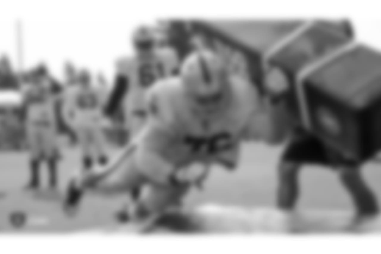 Oakland Raiders offensive guard Jon Feliciano (76) on the field for practice at 2018 Training Camp at The Oakland Raiders Napa Valley Training Complex, Wednesday, August 1, 2018, in Napa, California.