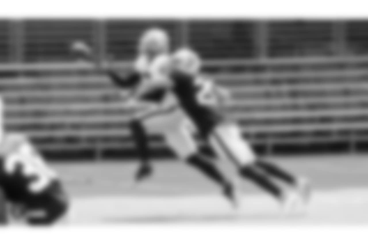 Oakland Raiders wide receiver and return specialist Dwayne Harris (17) and safety Erik Harris (25) on the field for practice at 2018 Training Camp at The Oakland Raiders Napa Valley Training Complex, Wednesday, August 1, 2018, in Napa, California.