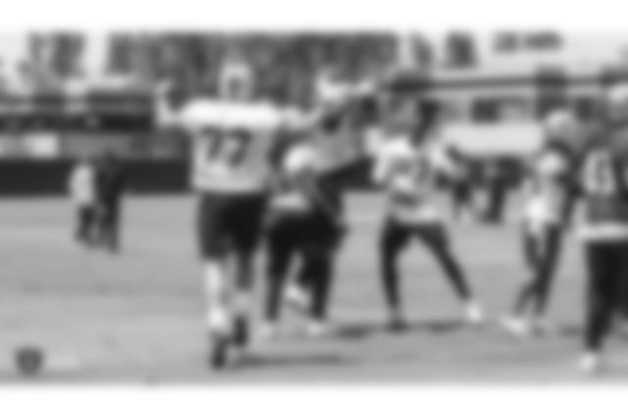 Oakland Raiders offensive tackle Kolton Miller (77), wide receiver Isaac Whitney (19), and tight end Jared Cook (87) at an Organized Team Activity (OTA) at the Oakland Raiders Practice Facility, Thursday, May 31, 2018, in Alameda, California.