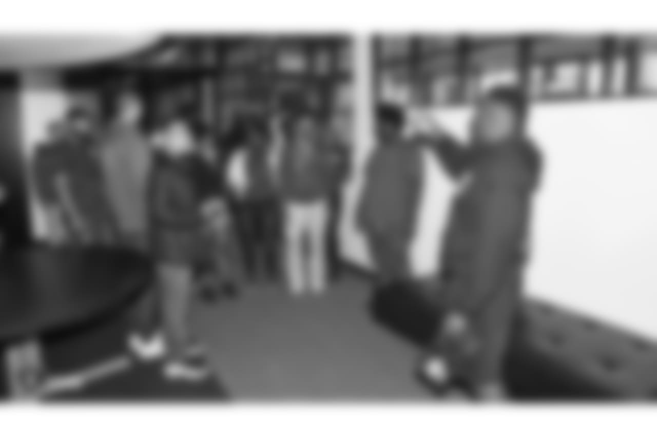 Oakland Raiders running back Jalen Richard gives 20 kids from Youth Alive, an after school program whose mission is to prevent violence and create young leaders, a tour of the Oakland Raiders Practice facility as well as conduct a question and answer session with the group, Monday, June 4, 2018, in Alameda, California.