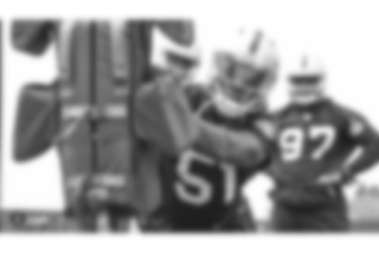 Oakland Raiders outside linebacker Bruce Irvin (51) at an Organized Team Activity (OTA) at the Oakland Raiders Practice Facility, Wednesday, May 30, 2018, in Alameda, California.