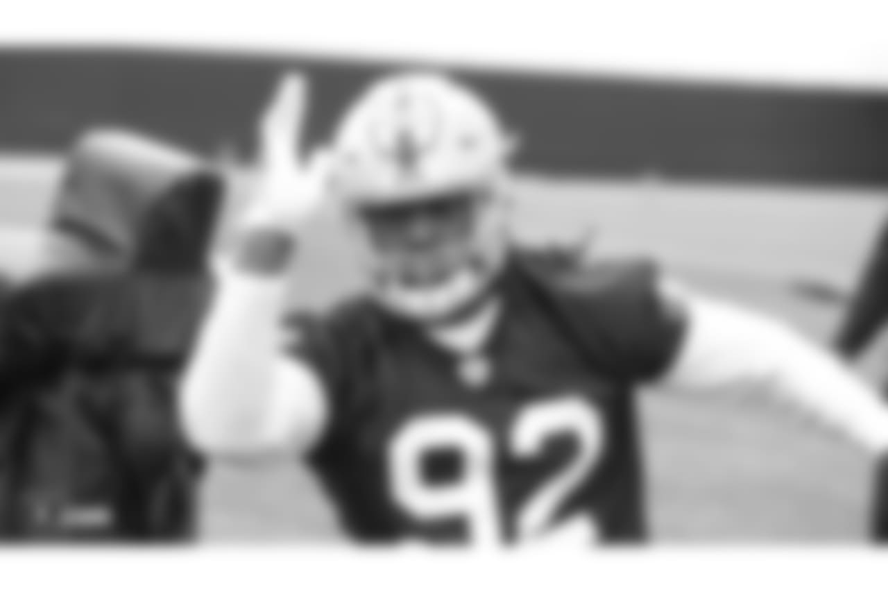 Oakland Raiders defensive tackle PJ Hall (92) at an Organized Team Activity (OTA) at the Oakland Raiders Practice Facility, Wednesday, May 30, 2018, in Alameda, California.