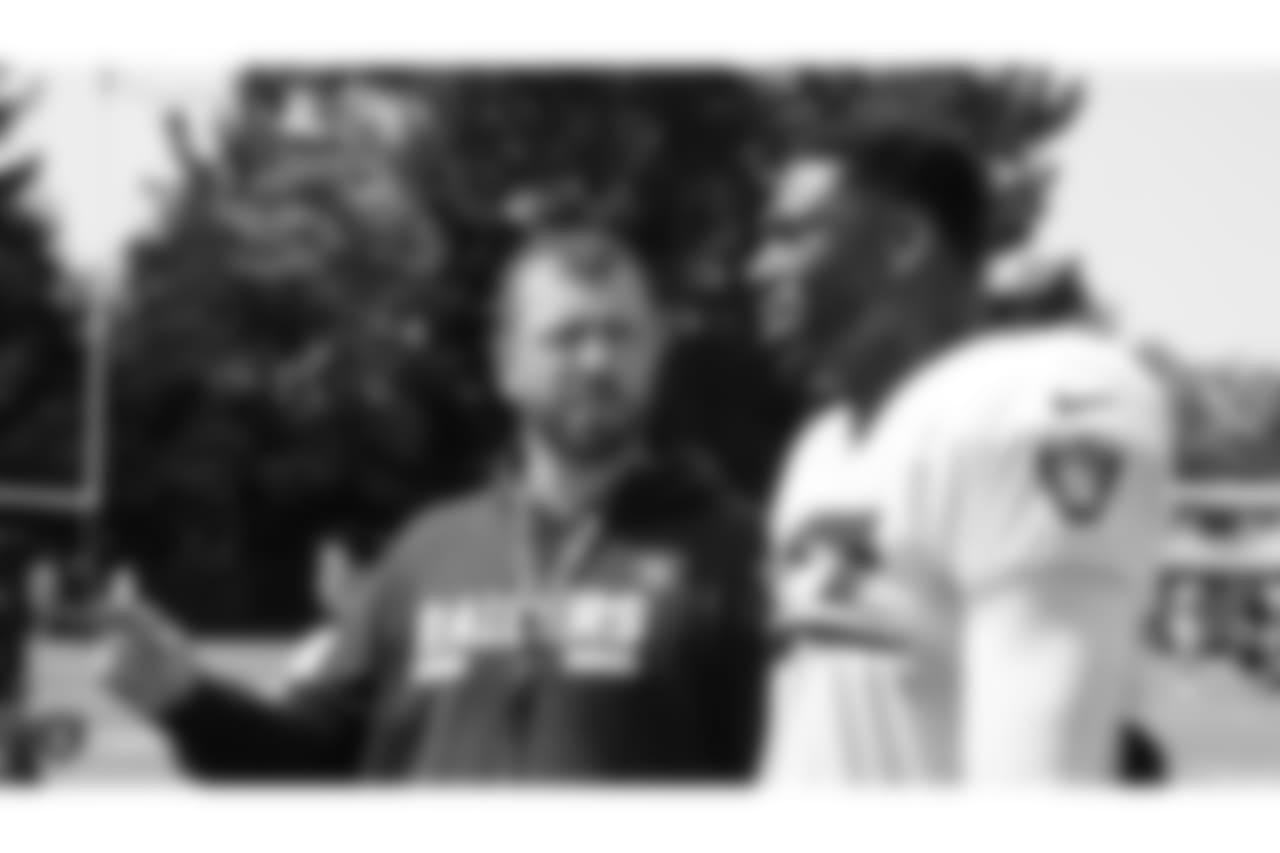 Oakland Raiders tight ends coach Frank Smith and tight end Jared Cook (87) on the field for practice at 2018 Training Camp at The Oakland Raiders Napa Valley Training Complex, Thursday, August 2, 2018, in Napa, California.